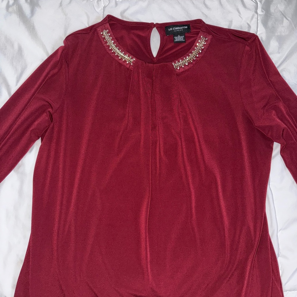 Liz Claiborne Red Embellished Keyhole Blouse